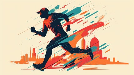 Runner in motion with abstract colorful streaks and city skyline silhouette. Graphic illustration with dynamic movement.