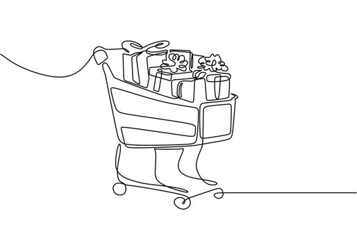 recommend clip art: Single continuous line art shopping cart trolley.