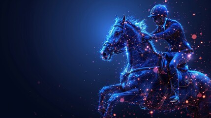 A mock jockey on horse forms lines and triangles, and a point-to-point network is shown on a blue background. - obrazy, fototapety, plakaty