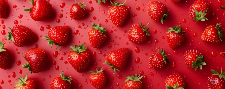 strawberry banner. Red header with strawberries background and water drops.