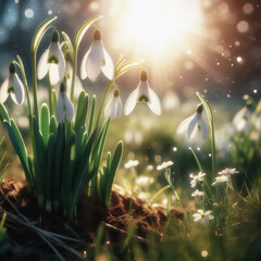 View of the spring flowers. New fresh snowdrops blossom on beautiful morning with sunlight