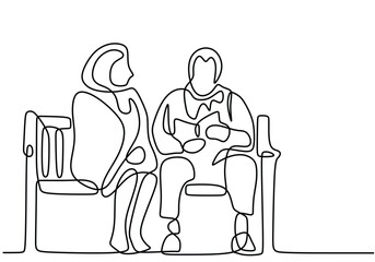 Romantic elderly couple in continuous line art drawing style