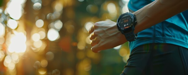 Close-up of a sports watch on an athlete's wrist during a morning workout. Fitness technology and active lifestyle concept with outdoor light. - obrazy, fototapety, plakaty