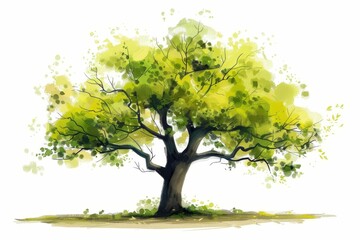 Spring tree with thick trunk on white background, digital painting
