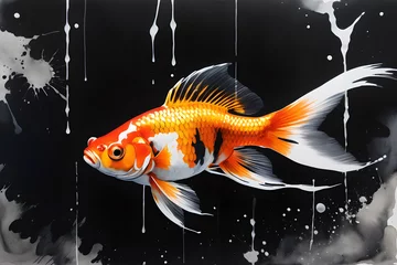 Fotobehang Beautiful goldfish swimming in the aquarium. Black and white illustration. © Maniockus