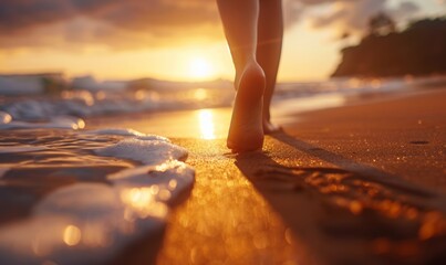 Bare feet walking on the beach at sunset. Close up of a woman's feet walking on the beach at sunset. Relax and holiday at beach, walking on the beach. - obrazy, fototapety, plakaty