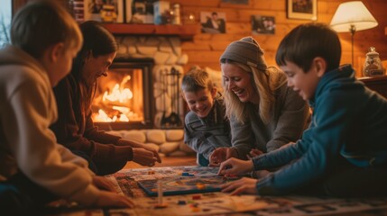 The family is sitting on the hardwood floor, sharing a fun board game event in front of the fireplace, enjoying the warmth and darkness. AIG41 - obrazy, fototapety, plakaty
