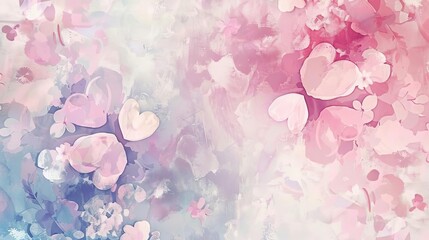 Delicate Floral Hearts in Soft Pastel Colors, Romantic Valentine's Day Background, Watercolor - obrazy, fototapety, plakaty