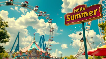 Fototapeta na wymiar Amusement park with Hello Summer sign and roller coaster.
