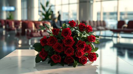 Red roses bouquet in the lobby of the airport. 