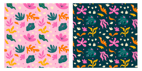 Seamless floral colorful vector pattern with abstract flowers and plants illustrations in cartoon funky groovy style in pink, green, Perfect for wrapping paper, textile, print, wallpaper, fabric decor