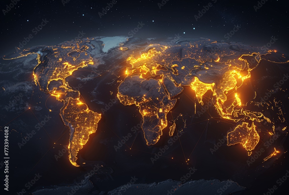 Poster internet and a world map with glowing connections between cities, representing global connectivity a