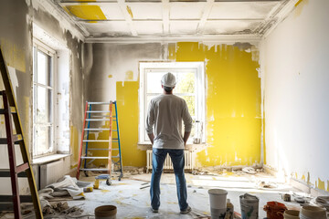 rear view of Construction Worker Contemplating Renovation Progress in a Partially Painted Room