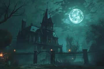 Fotobehang Spooky Halloween haunted house with creepy atmosphere, full moon, and eerie lighting, 3D illustration © Lucija