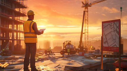 Engineer working on the construction site at sunset. 