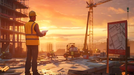 Gordijnen Engineer working on the construction site at sunset.  © Liliya