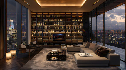3D rendering of a modern living room with a panoramic city view