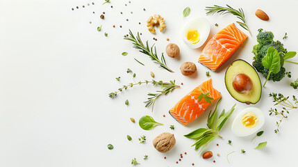 Healthy food concept. Fresh salmon, avocado, eggs, herbs and spices on white background