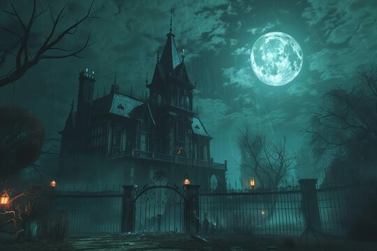 Spooky Halloween haunted house with creepy atmosphere, full moon, and eerie lighting, 3D illustration