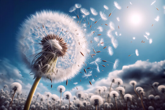 Dandelion seeds blowing in the wind across a dandelion field background, conceptual image meaning change, growth, movement and direction