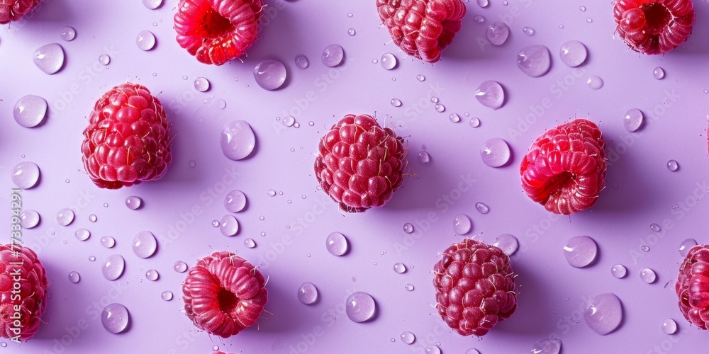 Aufkleber close up of raspberries organized in rows in same position on purple background with few drops of wa