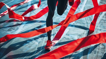 Close-up of runner's feet crossing the finish line with red tape. Sport competition and victory concept - obrazy, fototapety, plakaty