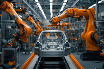 Assembling cars on high tech assembly line in an automobile factory is done by robots as part of modern automobile production AI Generative