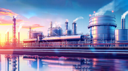 Oil and gas power plant Refinery with Pipes and storage tanks Reflecting on Water with vibrant colors