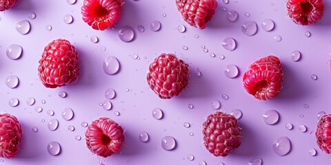 close up of raspberries organized in rows in same position on purple background with few drops of...