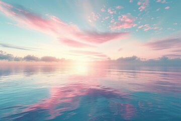 Spectacular ocean sunrise with sky reflecting in calm water, abstract seascape - Digital 3D illustration - obrazy, fototapety, plakaty
