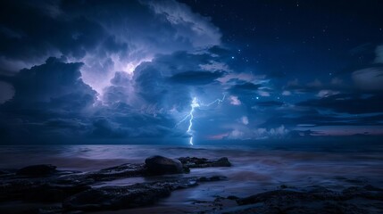 Dramatic lightning strike illuminating night sky and landscape, electrifying nature photography