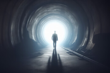 Man getting out of a dark tunnel toward light. Silhouette of the man at the end of the tunnel. The concept of overcoming difficulties - obrazy, fototapety, plakaty