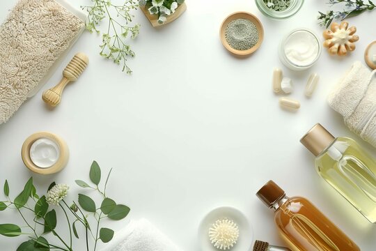 Spa wellness products arranged on white background for relaxing skin treatment - Beauty and self-care flatlay
