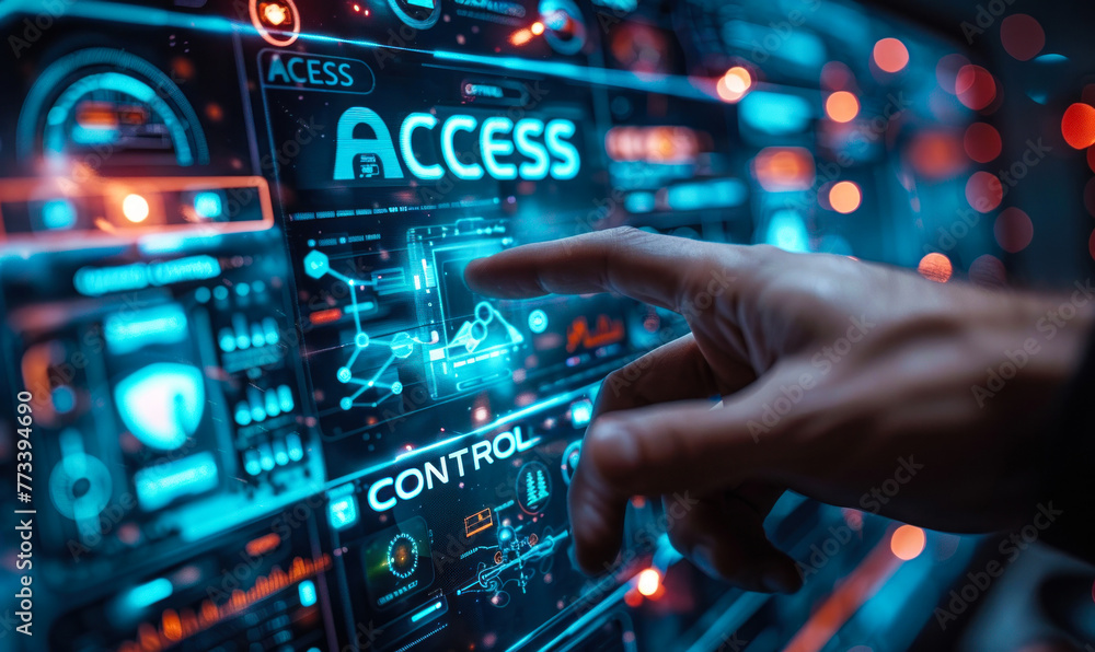 Poster cybersecurity expert configuring access control protocols with virtual interface displaying security