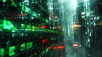 Fototapeta premium A close-up of a stock ticker scrolling rapidly with green and red letters indicating price changes