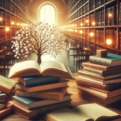 concept of education Stack of books, a tree of knowledge in the opening of an old book . Beautiful book day background