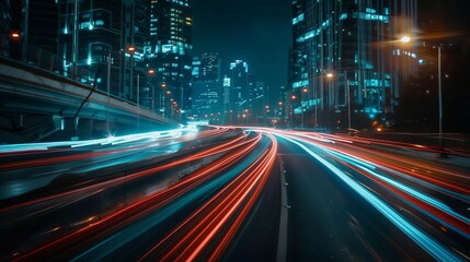Dynamic light trails of speeding cars on city road at night