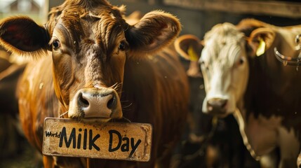 Cow in barn with a World Milk Day sign around its neck. Indoor dairy farm setting. Design for agricultural promotion, dairy industry marketing, and farm-to-table concepts - obrazy, fototapety, plakaty