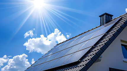Solar panels on the roof of a house with blue sky and sun