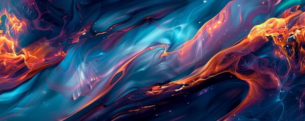 Dynamic abstract design with orange and blue fluid shapes on black background