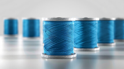 Blue spools of thread on a light background. 3d rendering - obrazy, fototapety, plakaty