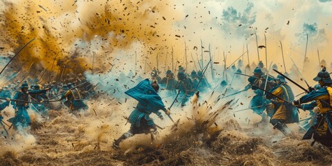 Japanese samurai in blue and yellow colors during an heavy battle with gunfire