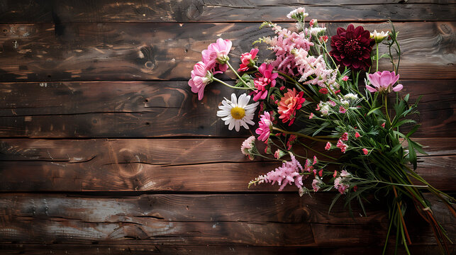 Bouquet of flowers on a wooden background. View from above