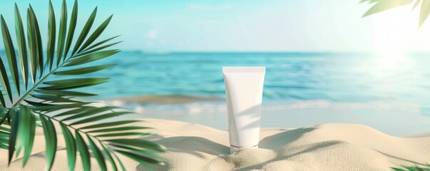 sunscreen protection cream over beach with palm tree leaf on the left, advertising cosmetic