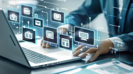 Naklejka premium Electronic document management system with businessman using laptop and virtual files, process automation illustration