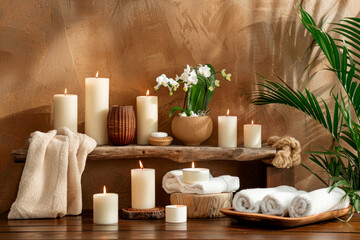 Fototapeta na wymiar Serene Spa Setting With Lit Candles, Fresh Towels, and Orchids on a Rustic Wooden Shelf