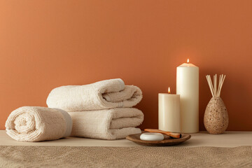 Fototapeta na wymiar Serene Spa Setting With Rolled Towels, Candles, and Aromatherapy on Wooden Surface