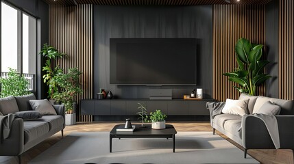 Elegant modern living room interior with large TV screen and comfortable sofa, home entertainment concept, 3D rendering - obrazy, fototapety, plakaty
