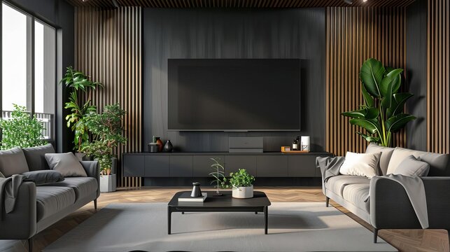 Elegant modern living room interior with large TV screen and comfortable sofa, home entertainment concept, 3D rendering
