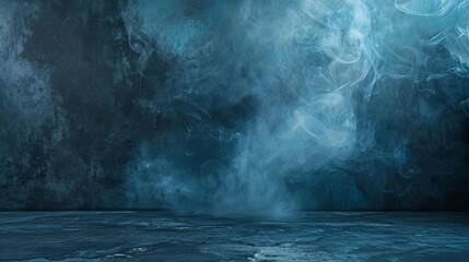 Empty dark blue cement wall in studio with ethereal floating smoke, abstract interior background - obrazy, fototapety, plakaty
